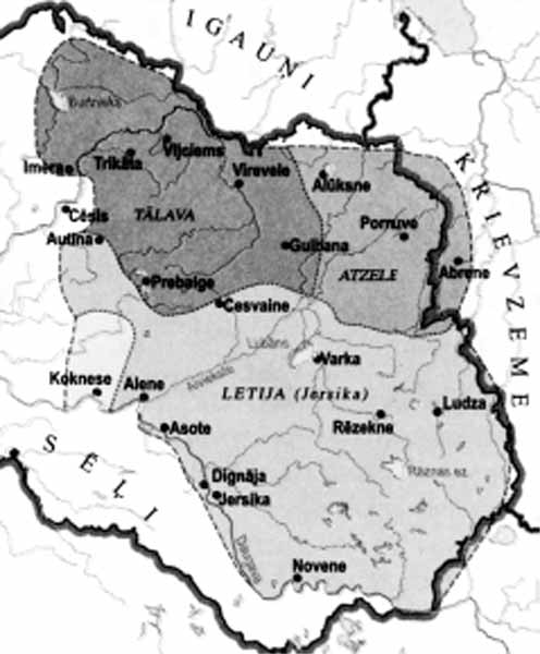 Карта «Земли латгалов до XIII века» из учебника «История Латвии» (Рига, 2000). Здесь Абрене показан на территории современного Пыталовского райо